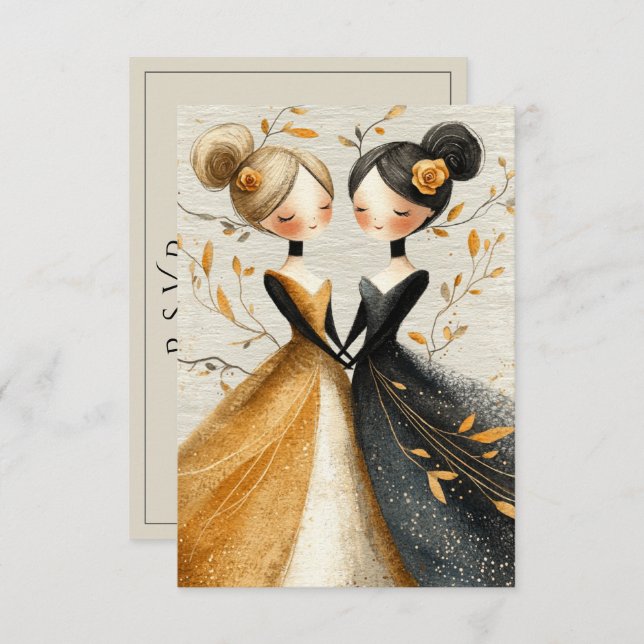 Two Brides Hand Drawn Pencil Illustration   RSVP Card (Front/Back)