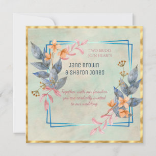 Two Brides Lesbian Watercolor Flowers Wedding  Invitation