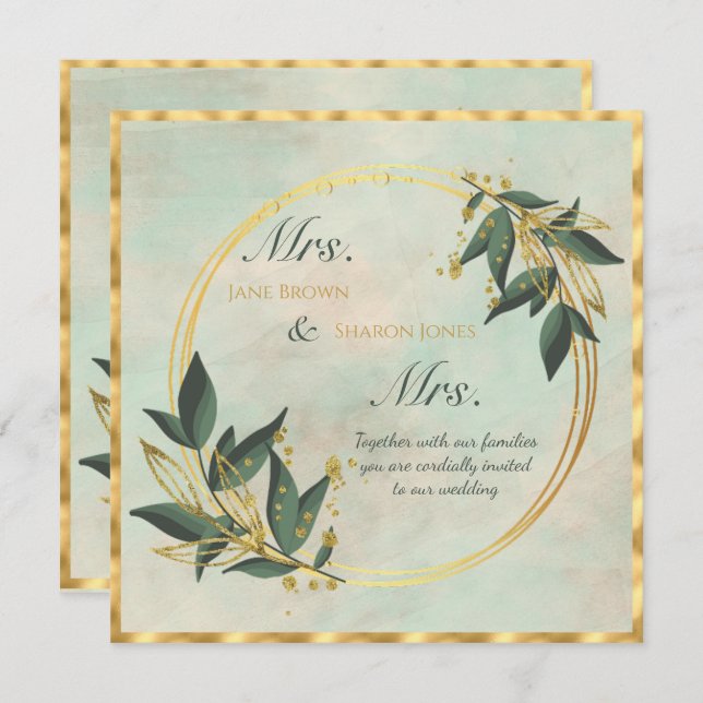 Two Brides Lesbian Watercolor Greenery Wedding Inv Invitation (Front/Back)