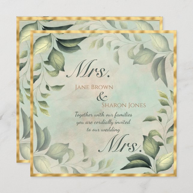 Two Brides Lesbian Watercolor Greenery Wedding Invitation (Front/Back)