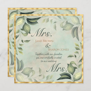 Two Brides Lesbian Watercolor Greenery Wedding Invitation