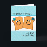 Two Brides Lesbian Wedding Congrats Funny Toast Card<br><div class="desc">For two women who love each other -- and silly puns -- a toast to the brides!  This fun card features two cute slices of toast in their wedding finery.  Original art,  this adorable kawaii style design is © Penny Cork.</div>