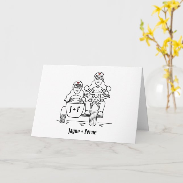 Two Brides Motorbike and Sidecar Wedding Card (Yellow Flower)