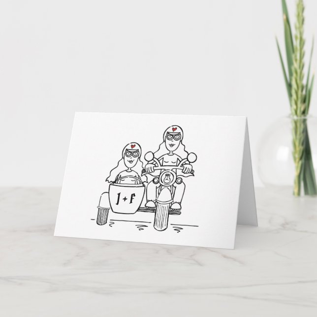Two Brides Motorbike and Sidecar Wedding Card (Front)