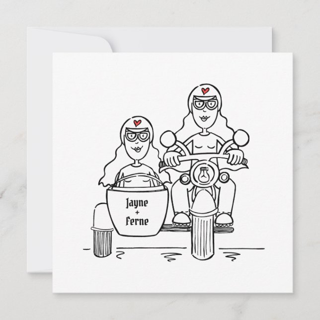 Two Brides Motorbike and Sidecar Wedding Invitation (Front)