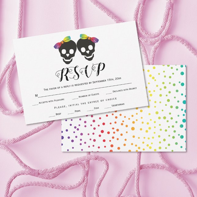 Two brides rainbow colours confetti lesbian weddin RSVP card (Creator Uploaded)