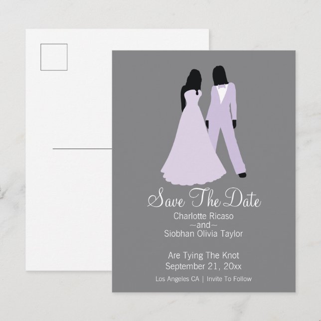 Two Brides Save The Date Wedding (Lilac And Grey) Announcement Postcard (Front/Back)