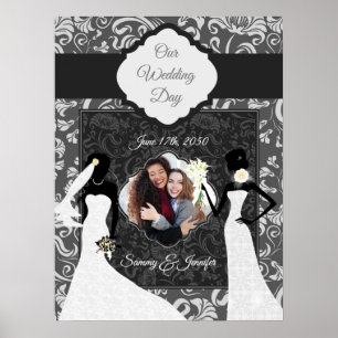 Two Brides Wedding Day Botanical Damask Photo Poster