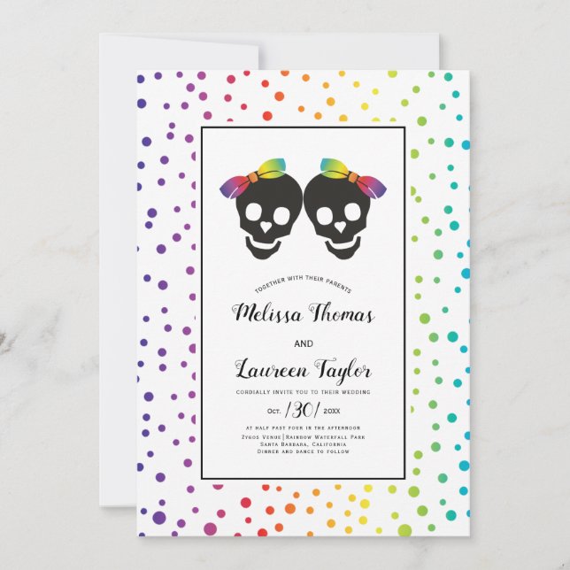 Two brides with bow rainbow colours lesbian weddin invitation (Front)