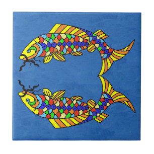 Two Bright Abstract Fancy fish on Deep Blue Ceramic Tile