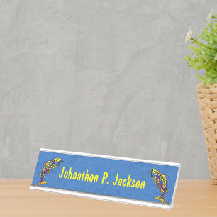 Two Brightly Coloured Abstract Fish Blue Desk Name Plate