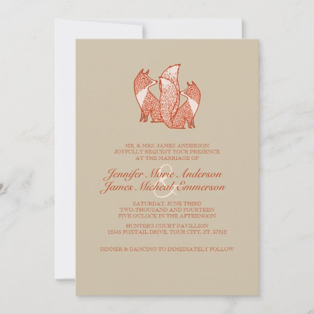 Two Brown and Ivory Foxes Wedding Invitations (Front)