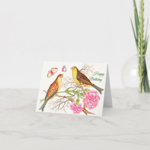 Two brown and yellow birds on branches, Birthday  Card
