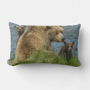 Two Brown Bear Cubs with Mother by the Water Lumbar Cushion