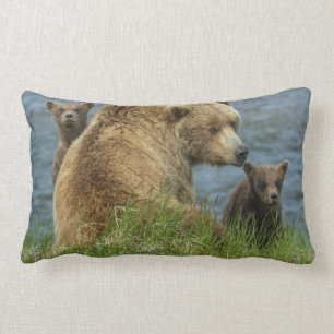 Two Brown Bear Cubs with Mother by the Water Lumbar Cushion