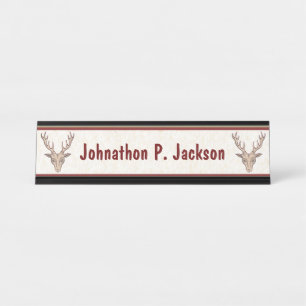 Two Brown Dear Heads Antlers White Red Borders Desk Name Plate