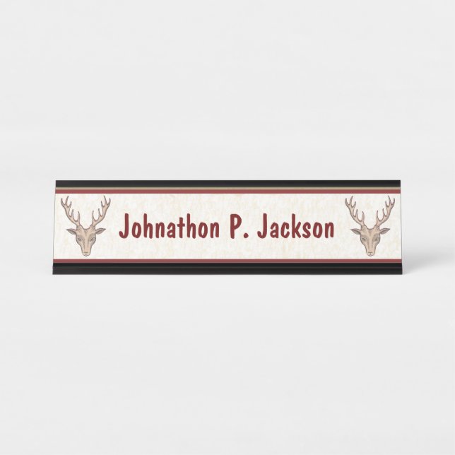 Two Brown Dear Heads Antlers White Red Borders Desk Name Plate (Front)
