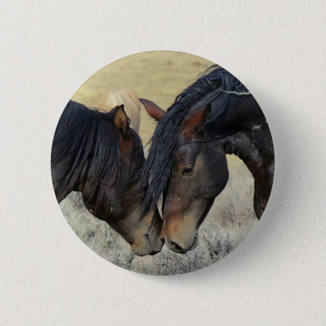 Two Brown Wild Horses Nuzzling 6 Cm Round Badge (Front)