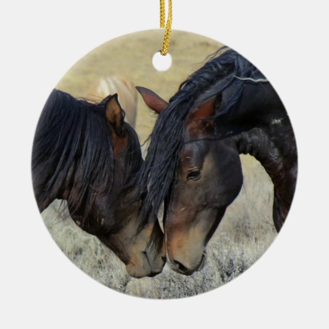 Two Brown Wild Horses Nuzzling Ceramic Ornament (Front)