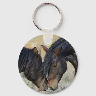 Two Brown Wild Horses Nuzzling Key Ring
