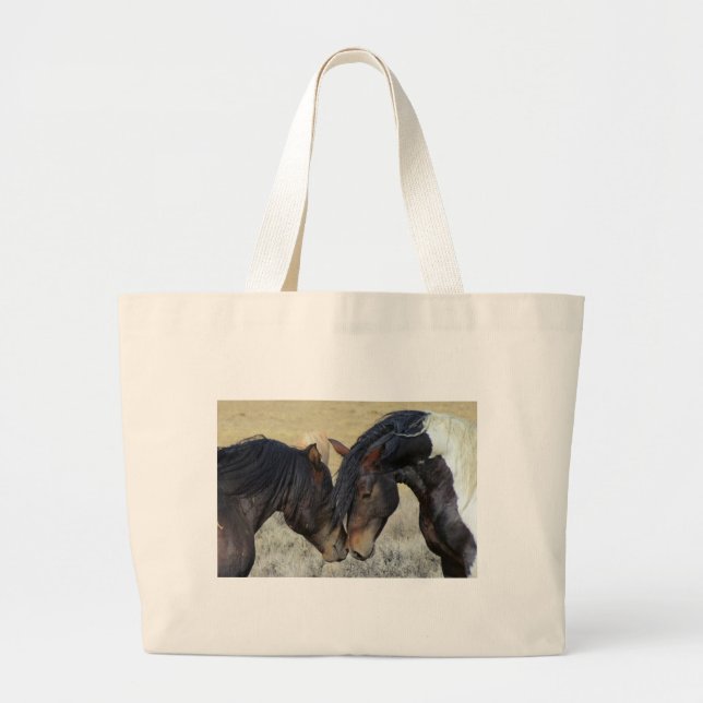 Two Brown Wild Horses Nuzzling Large Tote Bag (Front)