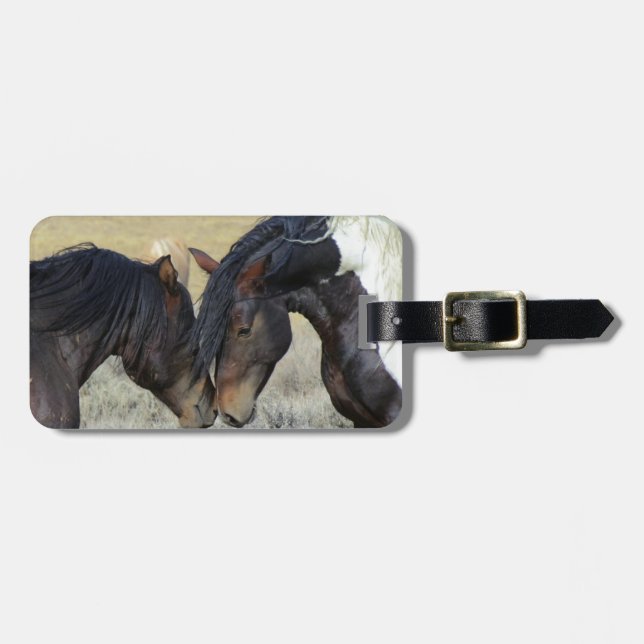 Two Brown Wild Horses Nuzzling Luggage Tag (Front Horizontal)