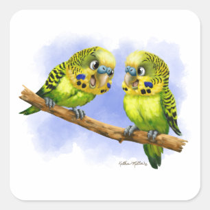 Two Budgies on a Branch Cartoon Square Sticker