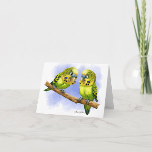 Two Budgies on a Branch Cartoon Thank You Card