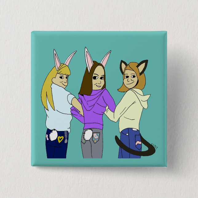 Two bunnies and a kitty 15 cm square badge (Front)