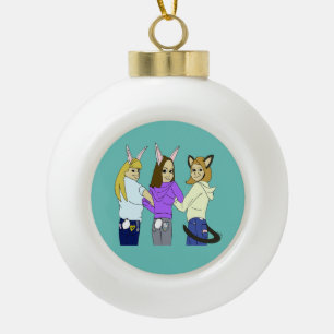 Two bunnies and a kitty ceramic ball christmas ornament