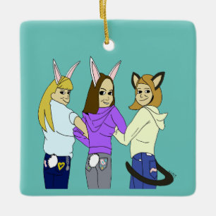 Two bunnies and a kitty ceramic ornament