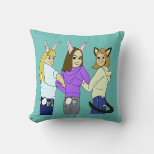 Two bunnies and a kitty cushion