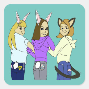 Two bunnies and a kitty square sticker