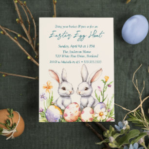 Two bunnies Eggs and Flowers Easter Egg Hunt Invitation
