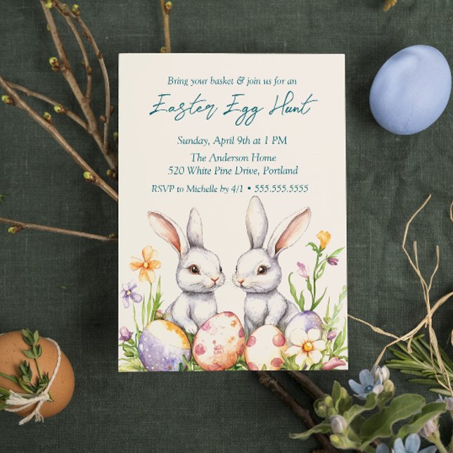 Two bunnies Eggs and Flowers Easter Egg Hunt  Invitation (Creator Uploaded)