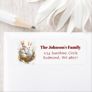 Two bunnies in nest with Easter eggs address Return Address Label