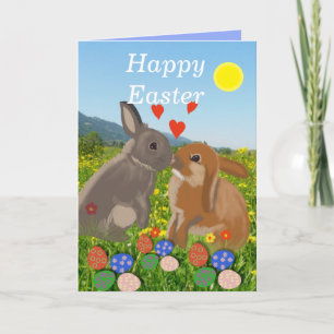 Two Bunnies Kissing in a Flower Meadow Easter Holiday Card