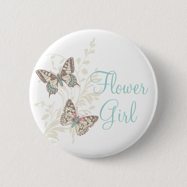 Two butterflies flower girl wedding pin / button (Front)