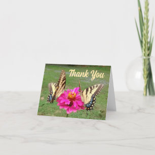 Two Butterflies on Large Pink Zinnia Thank You Car Card