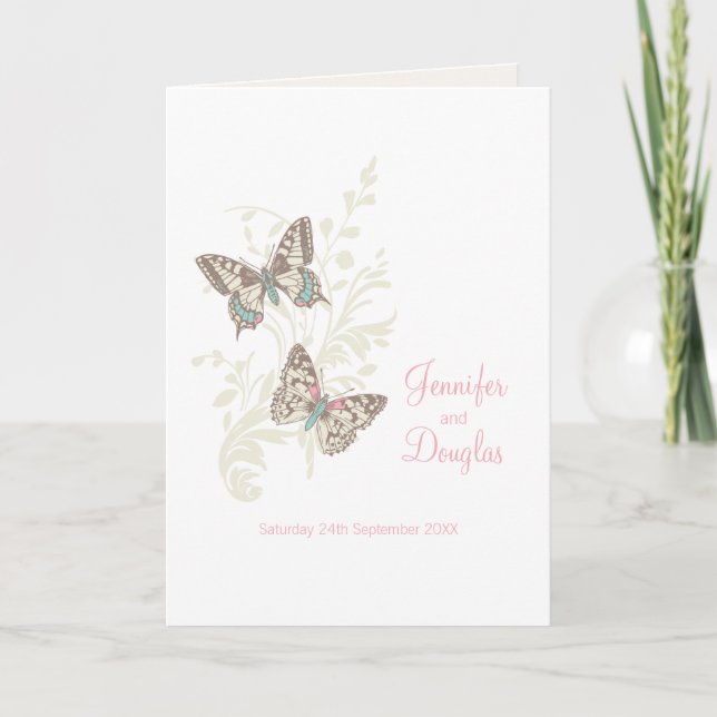 Two butterflies pink white wedding programs (Front)