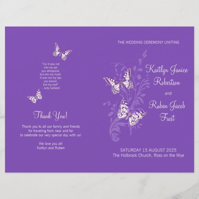 Two butterflies purple graphic Wedding Program (Front)