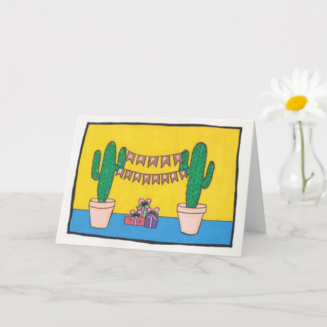 Two candlestick cacti with happy birthday banner card (Small Plant)