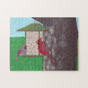 Two cardinals at the feeder, painting, puzzles