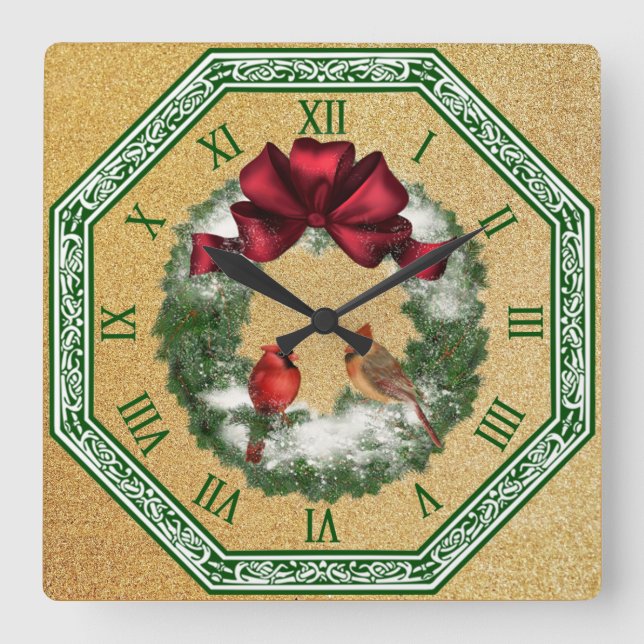 Two Cardinals ~ Snowy Christmas Wreath ~ Red Bow Square Wall Clock (Front)
