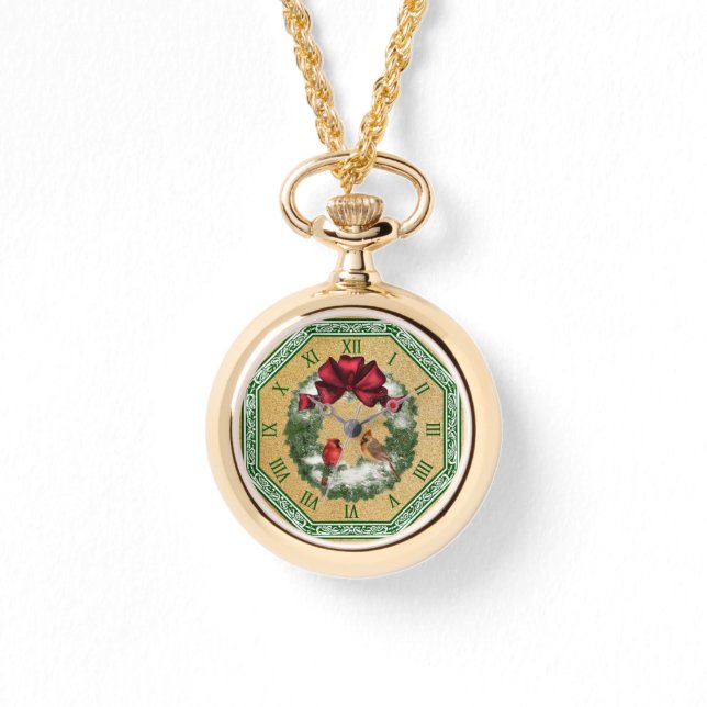 Two Cardinals ~ Snowy Christmas Wreath ~ Red Bow Watch (Front)