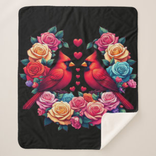 Two Cardinals with Colorful Roses and Hearts Sherpa Blanket