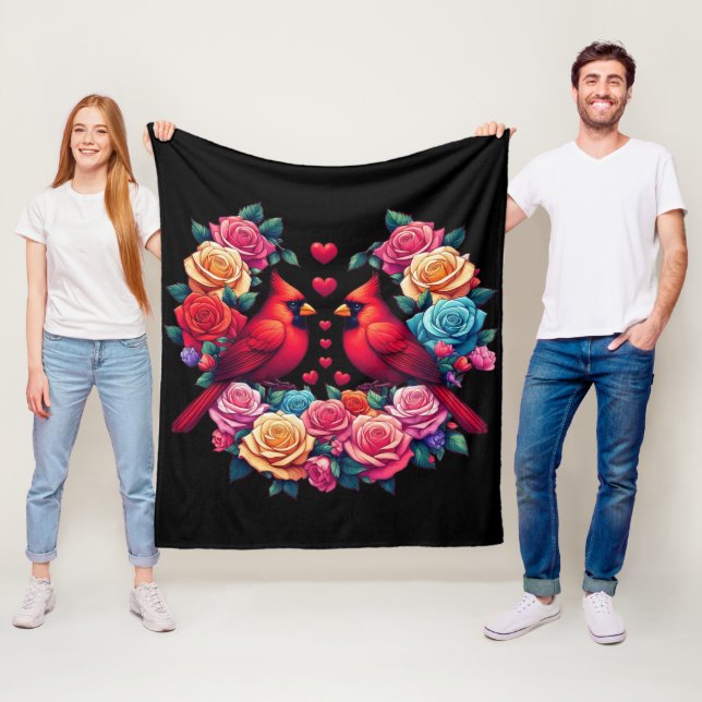 Two Cardinals with Colourful Roses and Hearts Fleece Blanket (In Situ)