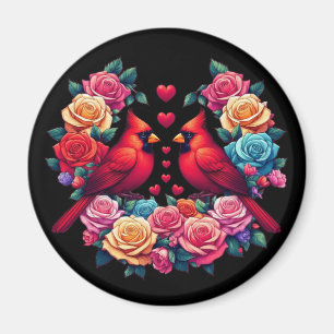 Two Cardinals with Colourful Roses and Hearts Magnet
