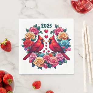 Two Cardinals with Colourful Roses and Hearts Napkin