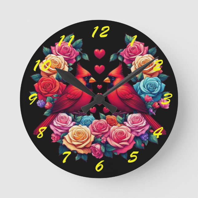 Two Cardinals with Colourful Roses and Hearts Round Clock (Front)